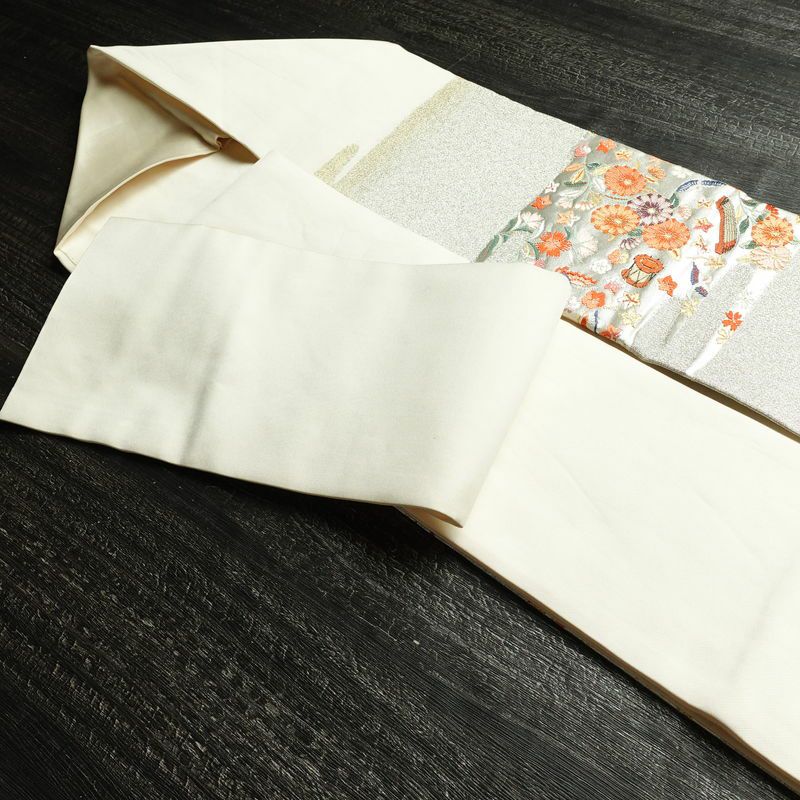 名古屋帯 太鼓柄 正絹 花柄 名古屋仕立て なごや帯 リサイクル帯 帯 箔 菊 白_画像21