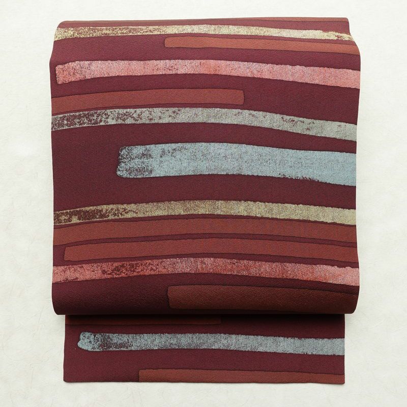 名古屋帯 全通柄 良品 正絹 幾何学柄・抽象柄 名古屋仕立て なごや帯 リサイクル帯 帯 モダン 小豆・エンジ_画像1