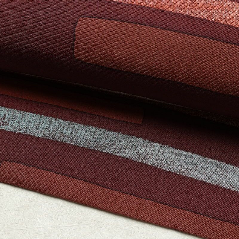 名古屋帯 全通柄 良品 正絹 幾何学柄・抽象柄 名古屋仕立て なごや帯 リサイクル帯 帯 モダン 小豆・エンジ_画像7