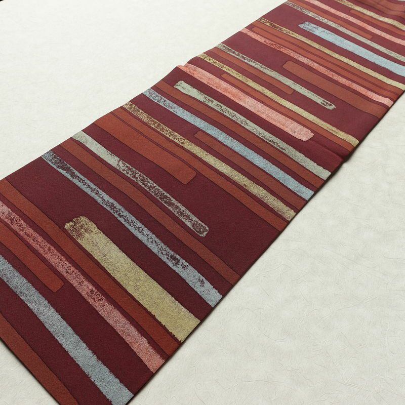 名古屋帯 全通柄 良品 正絹 幾何学柄・抽象柄 名古屋仕立て なごや帯 リサイクル帯 帯 モダン 小豆・エンジ_画像8