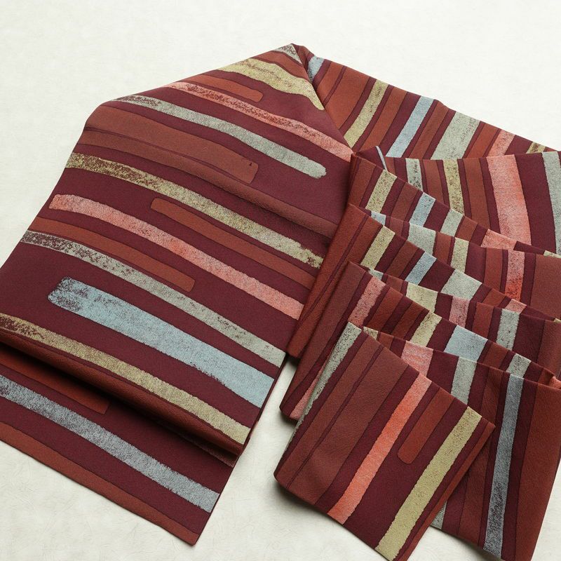 名古屋帯 全通柄 良品 正絹 幾何学柄・抽象柄 名古屋仕立て なごや帯 リサイクル帯 帯 モダン 小豆・エンジ_画像15