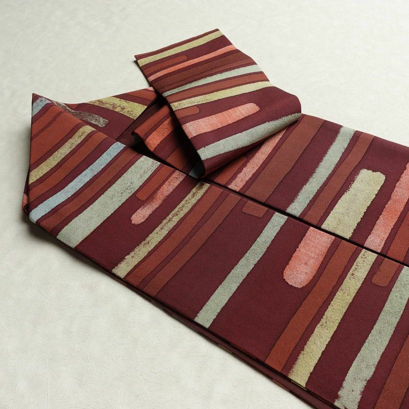 名古屋帯 全通柄 良品 正絹 幾何学柄・抽象柄 名古屋仕立て なごや帯 リサイクル帯 帯 モダン 小豆・エンジ_画像21