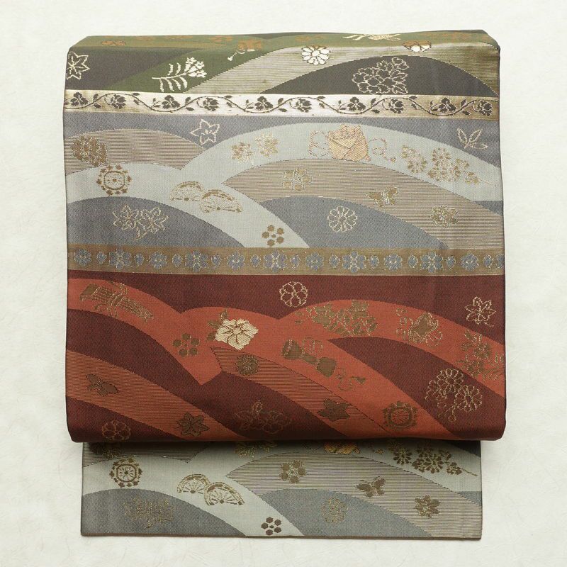 名古屋帯 太鼓柄 正絹 古典柄 名古屋仕立て なごや帯 リサイクル帯 帯 箔 多色使い_画像1