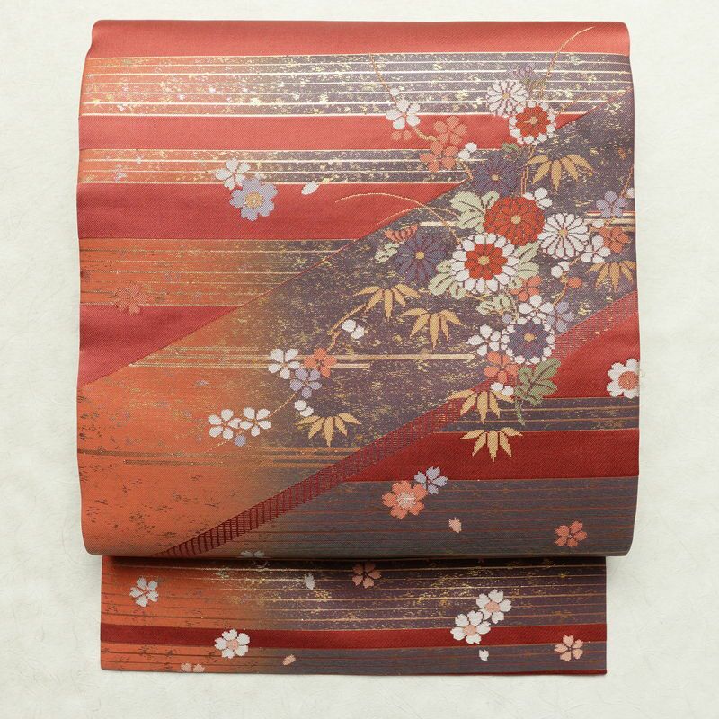 名古屋帯 太鼓柄 美品 正絹 名古屋仕立て なごや帯 古典柄リサイクル帯 帯 箔 菊 桜 銀朱色 赤・朱_画像1