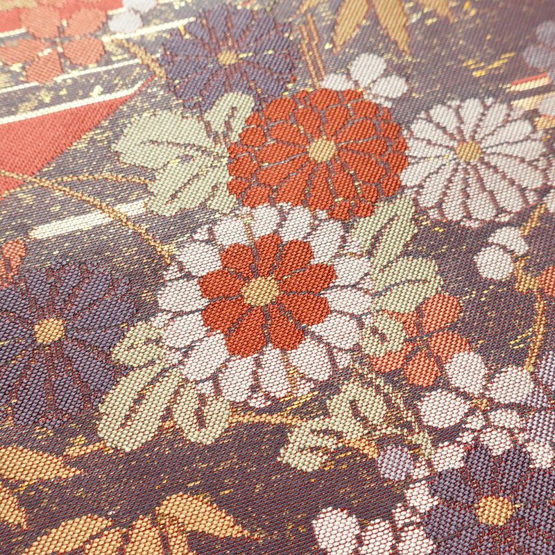 名古屋帯 太鼓柄 美品 正絹 名古屋仕立て なごや帯 古典柄リサイクル帯 帯 箔 菊 桜 銀朱色 赤・朱_画像3