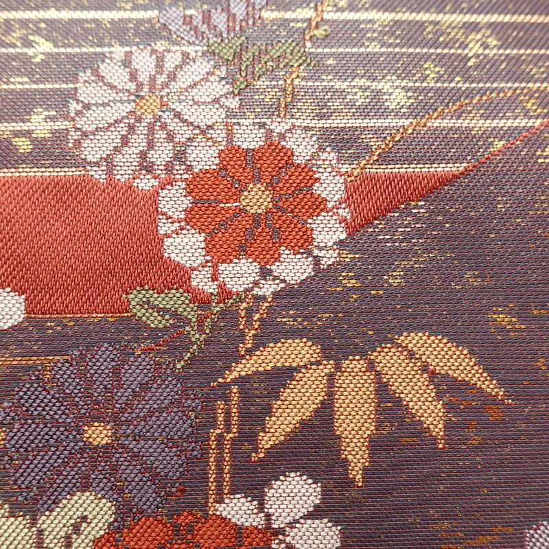 名古屋帯 太鼓柄 美品 正絹 名古屋仕立て なごや帯 古典柄リサイクル帯 帯 箔 菊 桜 銀朱色 赤・朱_画像4