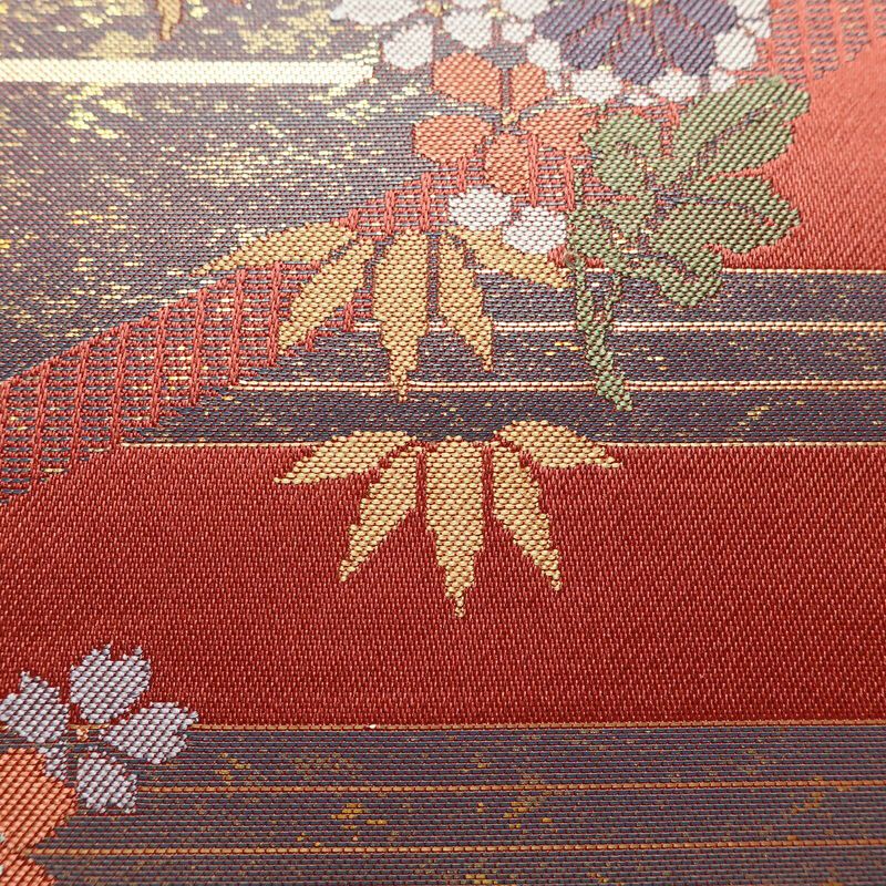 名古屋帯 太鼓柄 美品 正絹 名古屋仕立て なごや帯 古典柄リサイクル帯 帯 箔 菊 桜 銀朱色 赤・朱_画像6