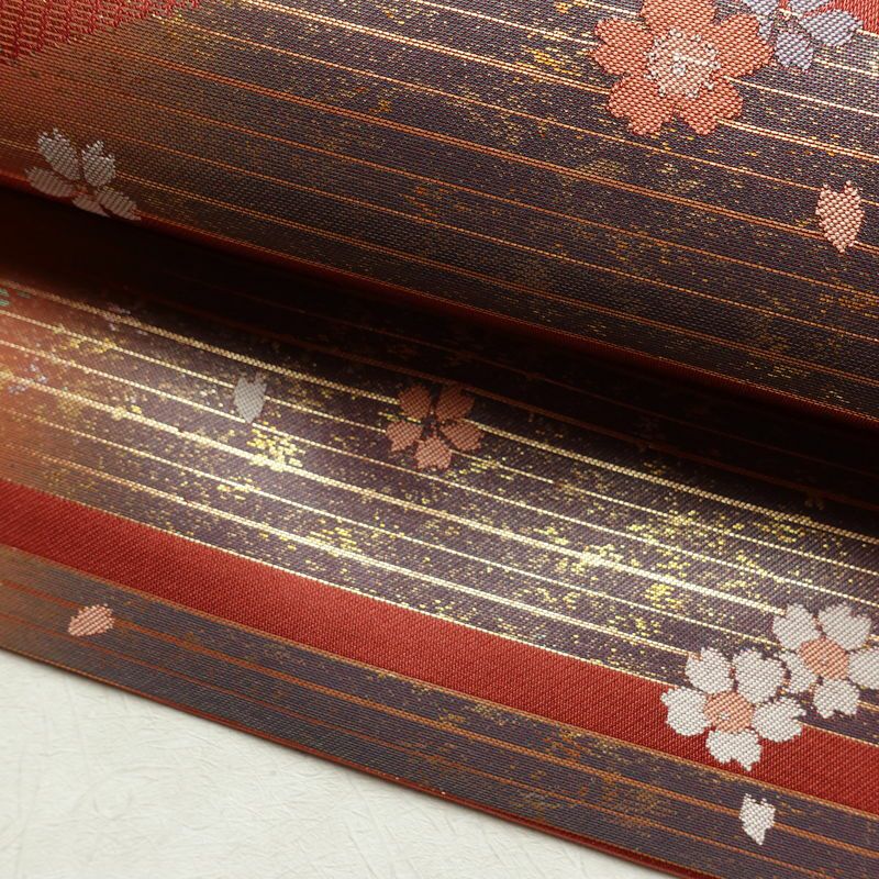 名古屋帯 太鼓柄 美品 正絹 名古屋仕立て なごや帯 古典柄リサイクル帯 帯 箔 菊 桜 銀朱色 赤・朱_画像9