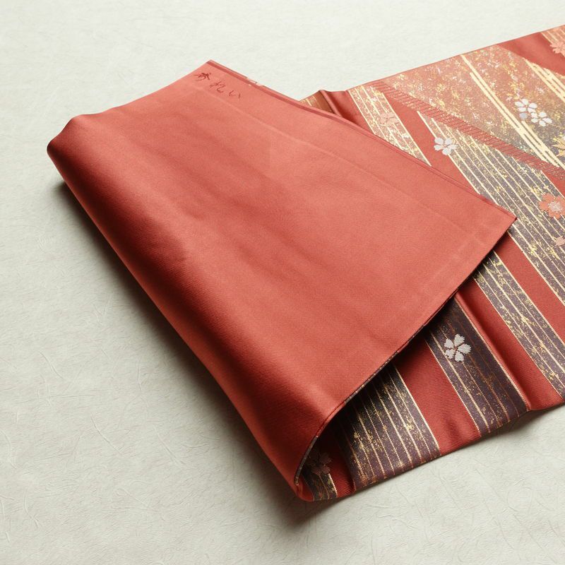 名古屋帯 太鼓柄 美品 正絹 名古屋仕立て なごや帯 古典柄リサイクル帯 帯 箔 菊 桜 銀朱色 赤・朱_画像11