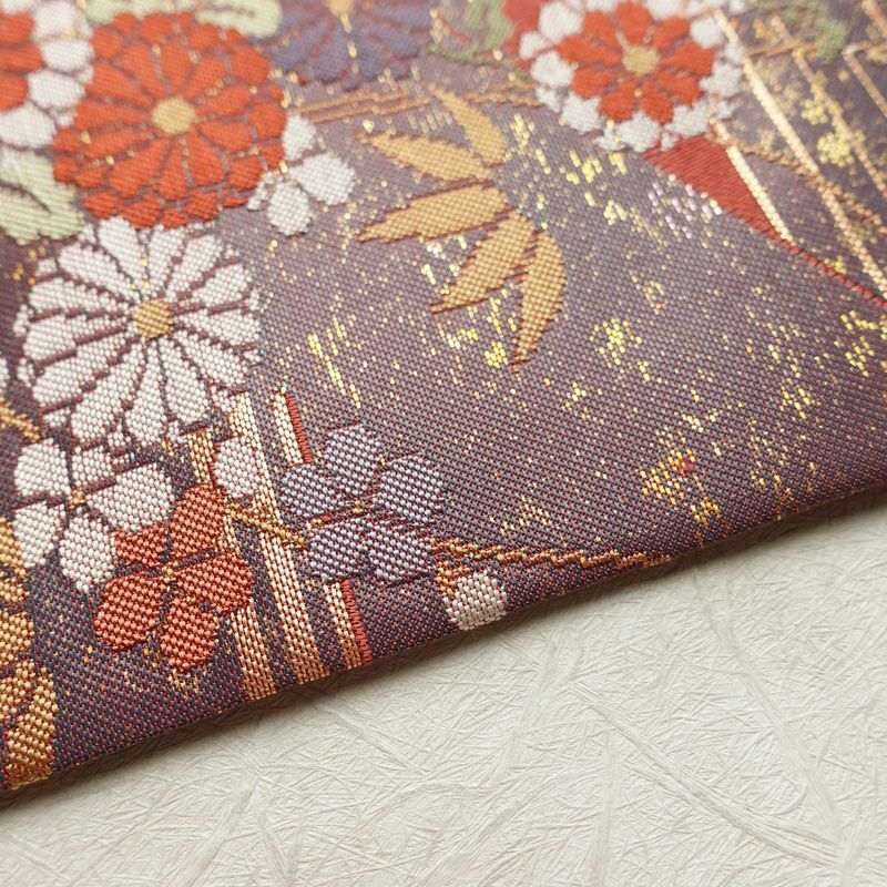 名古屋帯 太鼓柄 美品 正絹 名古屋仕立て なごや帯 古典柄リサイクル帯 帯 箔 菊 桜 銀朱色 赤・朱_画像14