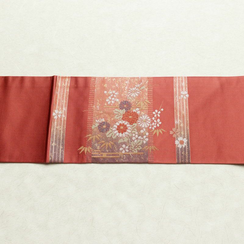 名古屋帯 太鼓柄 美品 正絹 名古屋仕立て なごや帯 古典柄リサイクル帯 帯 箔 菊 桜 銀朱色 赤・朱_画像15