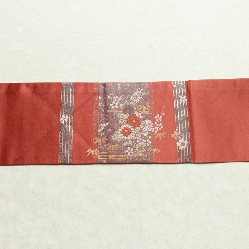 名古屋帯 太鼓柄 美品 正絹 名古屋仕立て なごや帯 古典柄リサイクル帯 帯 箔 菊 桜 銀朱色 赤・朱_画像16