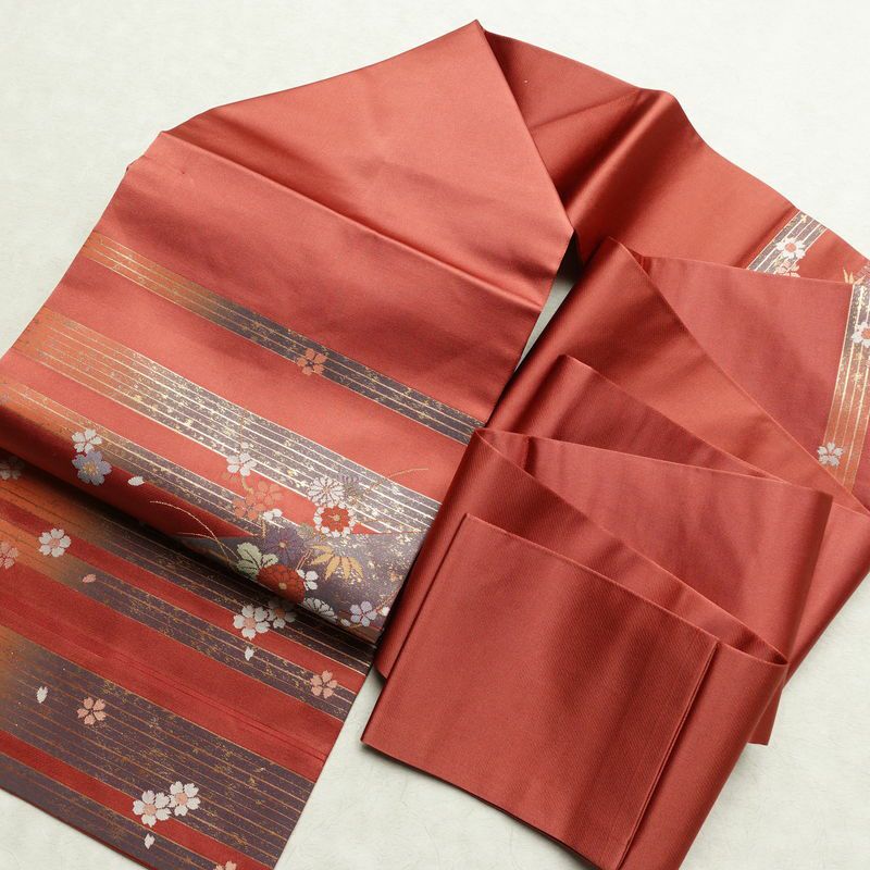 名古屋帯 太鼓柄 美品 正絹 名古屋仕立て なごや帯 古典柄リサイクル帯 帯 箔 菊 桜 銀朱色 赤・朱_画像18