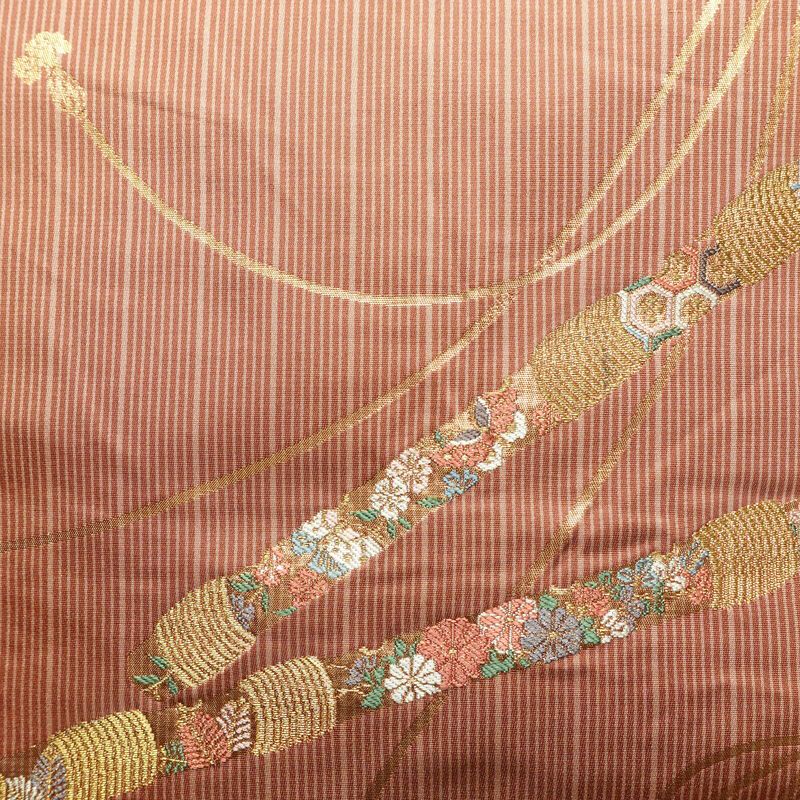 名古屋帯 六通柄 正絹 古典柄 名古屋仕立て なごや帯 リサイクル帯 帯 箔 金糸 小豆・エンジ_画像2