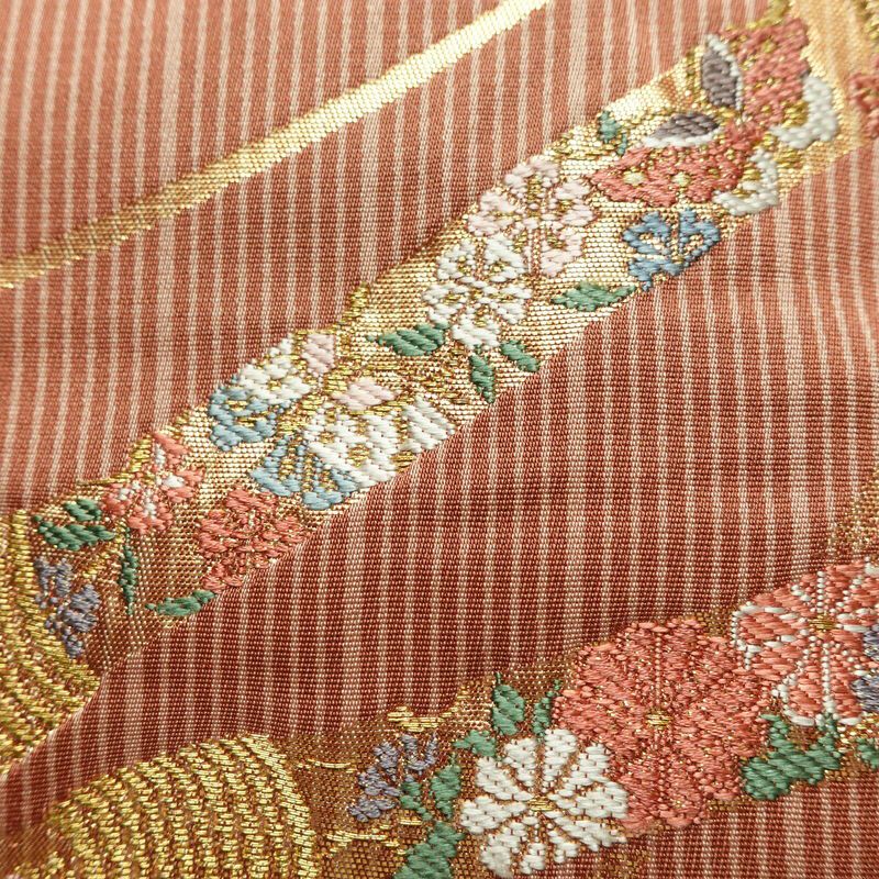 名古屋帯 六通柄 正絹 古典柄 名古屋仕立て なごや帯 リサイクル帯 帯 箔 金糸 小豆・エンジ_画像5