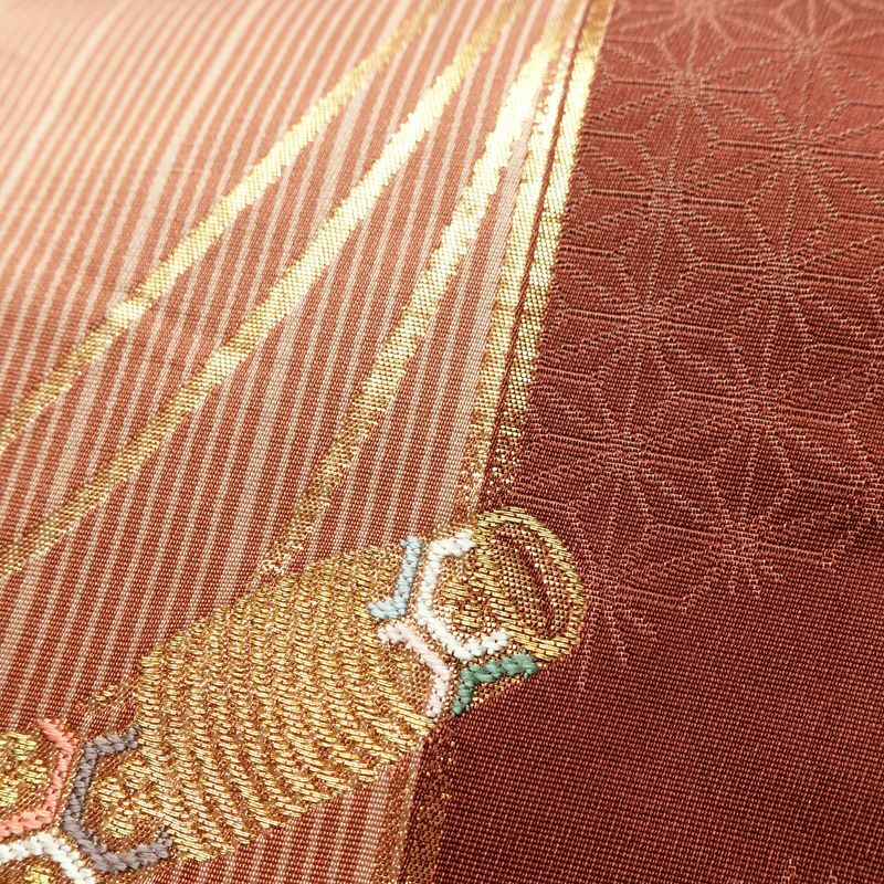 名古屋帯 六通柄 正絹 古典柄 名古屋仕立て なごや帯 リサイクル帯 帯 箔 金糸 小豆・エンジ_画像7