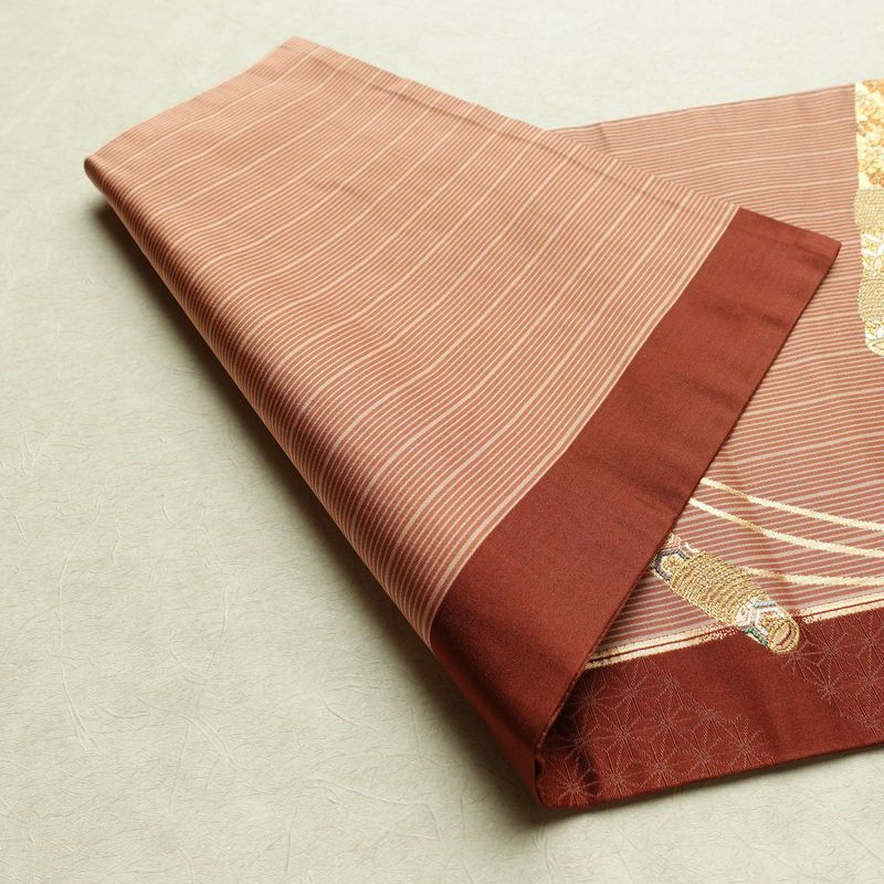 名古屋帯 六通柄 正絹 古典柄 名古屋仕立て なごや帯 リサイクル帯 帯 箔 金糸 小豆・エンジ_画像11