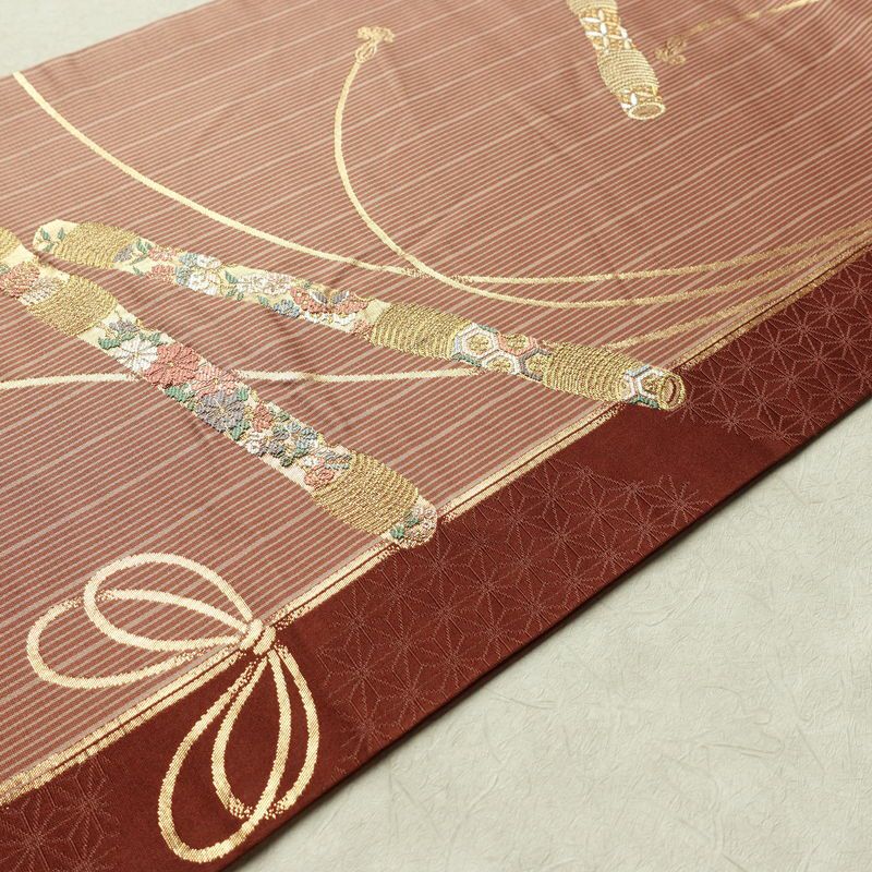 名古屋帯 六通柄 正絹 古典柄 名古屋仕立て なごや帯 リサイクル帯 帯 箔 金糸 小豆・エンジ_画像12