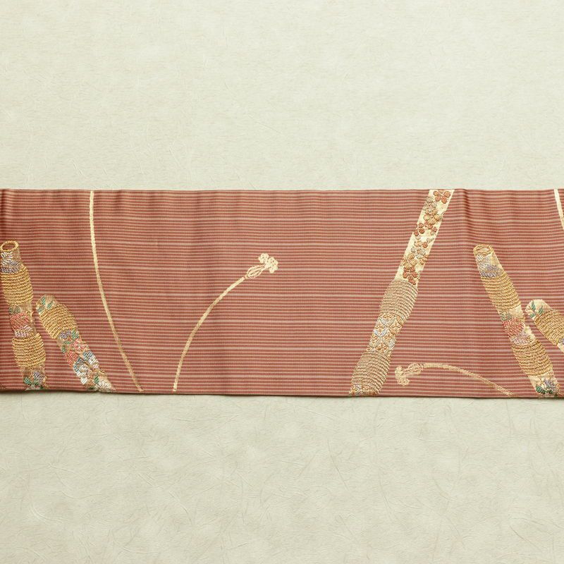 名古屋帯 六通柄 正絹 古典柄 名古屋仕立て なごや帯 リサイクル帯 帯 箔 金糸 小豆・エンジ_画像13