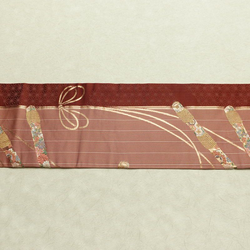 名古屋帯 六通柄 正絹 古典柄 名古屋仕立て なごや帯 リサイクル帯 帯 箔 金糸 小豆・エンジ_画像14
