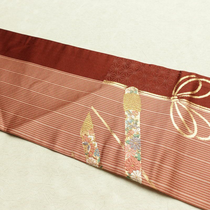 名古屋帯 六通柄 正絹 古典柄 名古屋仕立て なごや帯 リサイクル帯 帯 箔 金糸 小豆・エンジ_画像15