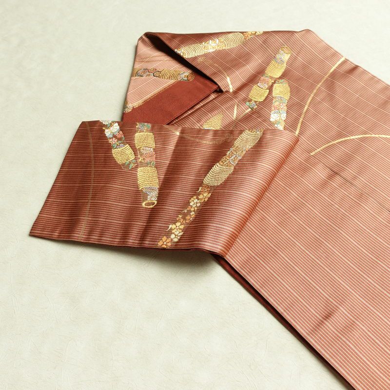 名古屋帯 六通柄 正絹 古典柄 名古屋仕立て なごや帯 リサイクル帯 帯 箔 金糸 小豆・エンジ_画像21