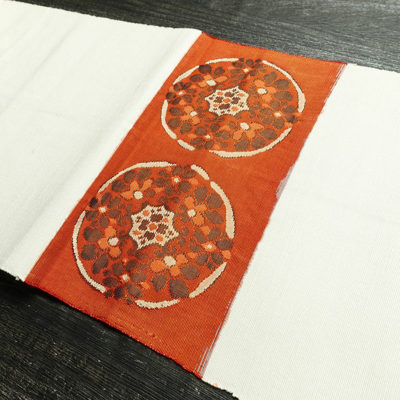 名古屋帯 太鼓柄 正絹 幾何学柄・抽象柄 松葉仕立て なごや帯 リサイクル帯 帯 白_画像16