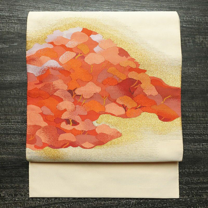 名古屋帯 太鼓柄 つづれ織 正絹 木の葉・植物柄 松葉仕立て なごや帯 リサイクル帯 帯 金糸 ベージュ_画像1