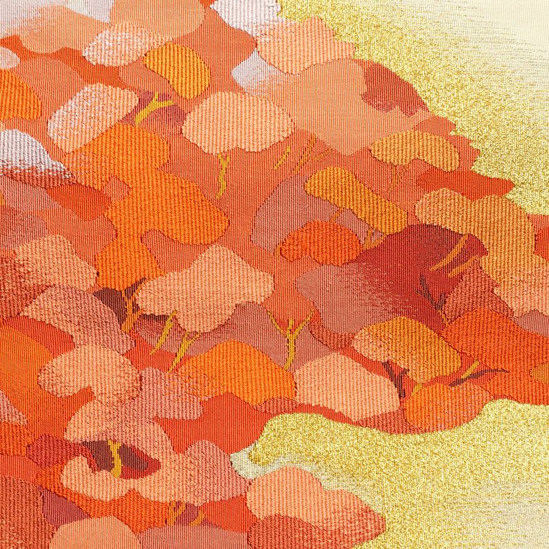 名古屋帯 太鼓柄 つづれ織 正絹 木の葉・植物柄 松葉仕立て なごや帯 リサイクル帯 帯 金糸 ベージュ_画像2