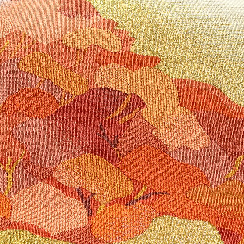 名古屋帯 太鼓柄 つづれ織 正絹 木の葉・植物柄 松葉仕立て なごや帯 リサイクル帯 帯 金糸 ベージュ_画像4