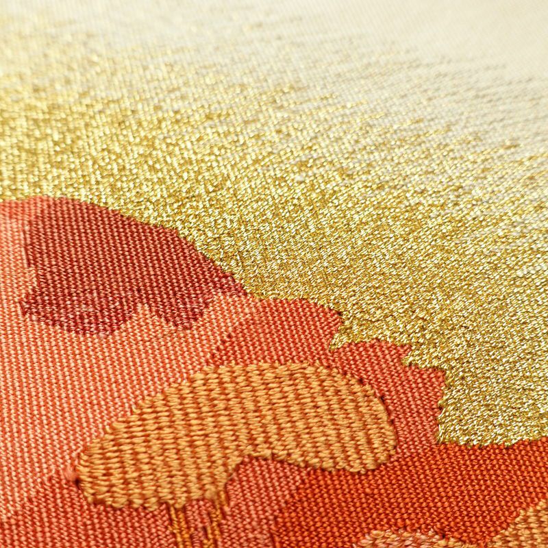 名古屋帯 太鼓柄 つづれ織 正絹 木の葉・植物柄 松葉仕立て なごや帯 リサイクル帯 帯 金糸 ベージュ_画像5