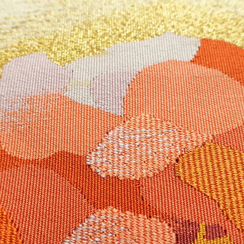 名古屋帯 太鼓柄 つづれ織 正絹 木の葉・植物柄 松葉仕立て なごや帯 リサイクル帯 帯 金糸 ベージュ_画像6