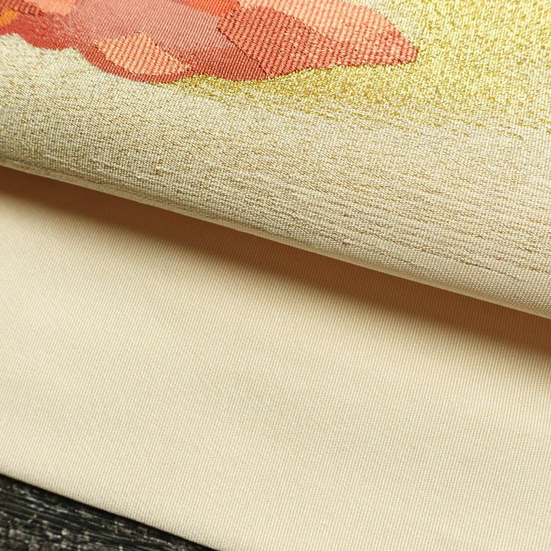 名古屋帯 太鼓柄 つづれ織 正絹 木の葉・植物柄 松葉仕立て なごや帯 リサイクル帯 帯 金糸 ベージュ_画像8