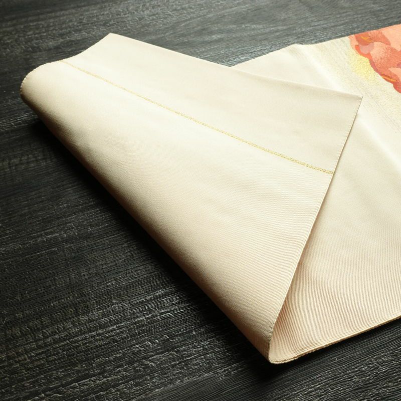 名古屋帯 太鼓柄 つづれ織 正絹 木の葉・植物柄 松葉仕立て なごや帯 リサイクル帯 帯 金糸 ベージュ_画像11