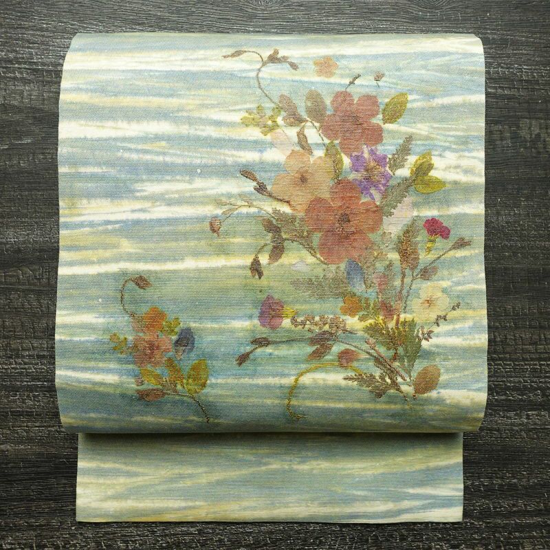 名古屋帯 押し花 太鼓柄 正絹 花柄 名古屋仕立て なごや帯 リサイクル帯 帯 モダン 洒落 白_画像1