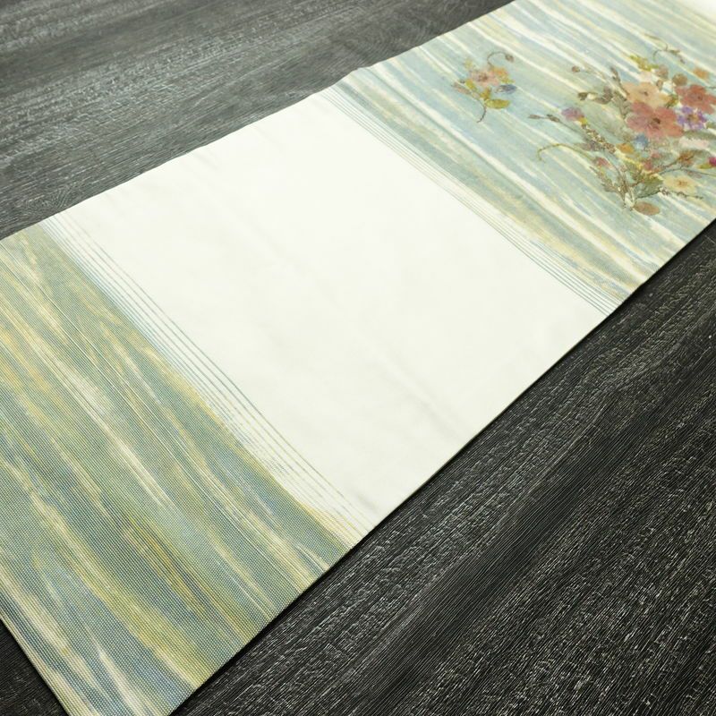 名古屋帯 押し花 太鼓柄 正絹 花柄 名古屋仕立て なごや帯 リサイクル帯 帯 モダン 洒落 白_画像10