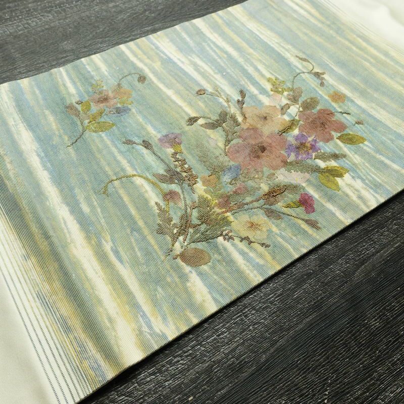 名古屋帯 押し花 太鼓柄 正絹 花柄 名古屋仕立て なごや帯 リサイクル帯 帯 モダン 洒落 白_画像12