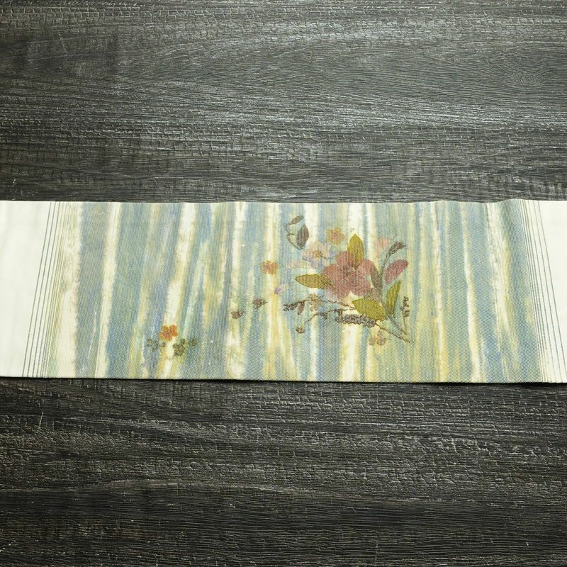 名古屋帯 押し花 太鼓柄 正絹 花柄 名古屋仕立て なごや帯 リサイクル帯 帯 モダン 洒落 白_画像14