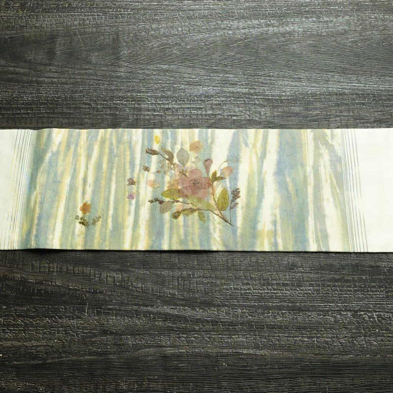 名古屋帯 押し花 太鼓柄 正絹 花柄 名古屋仕立て なごや帯 リサイクル帯 帯 モダン 洒落 白_画像15