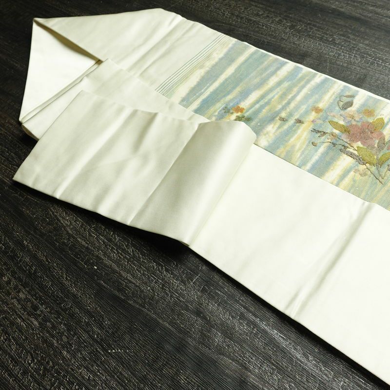 名古屋帯 押し花 太鼓柄 正絹 花柄 名古屋仕立て なごや帯 リサイクル帯 帯 モダン 洒落 白_画像21