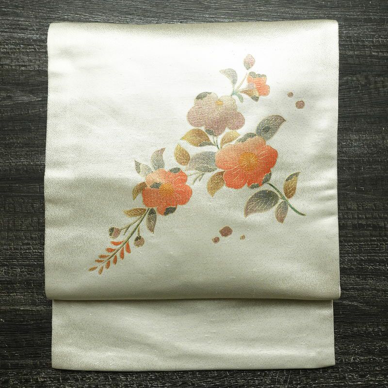 名古屋帯 太鼓柄 正絹 花柄 名古屋仕立て なごや帯 リサイクル帯 帯 箔 金彩 シンプル 金・銀_画像1