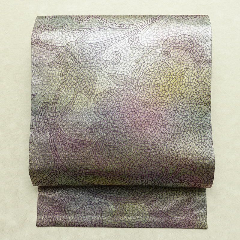 名古屋帯 六通柄 正絹 幾何学柄・抽象柄 名古屋仕立て なごや帯 比翼仕立て リサイクル帯 帯 箔 紫・藤色_画像1