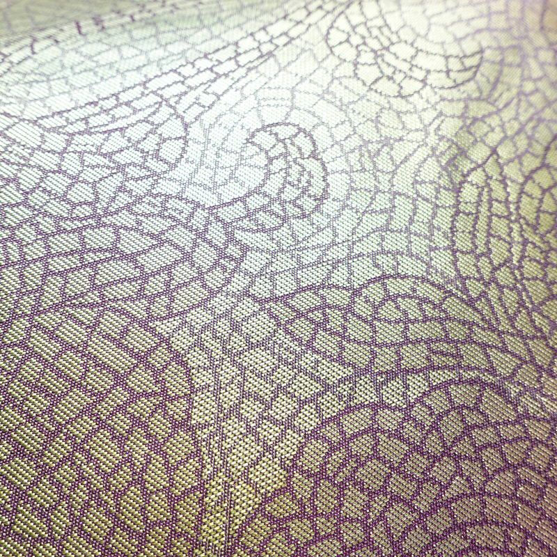 名古屋帯 六通柄 正絹 幾何学柄・抽象柄 名古屋仕立て なごや帯 比翼仕立て リサイクル帯 帯 箔 紫・藤色_画像5