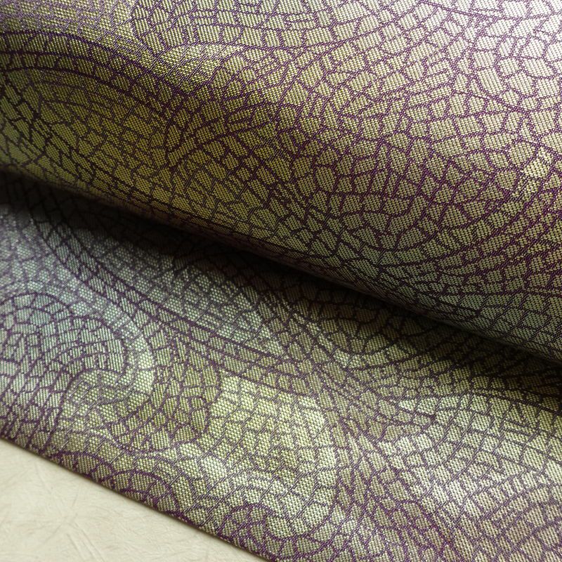 名古屋帯 六通柄 正絹 幾何学柄・抽象柄 名古屋仕立て なごや帯 比翼仕立て リサイクル帯 帯 箔 紫・藤色_画像8