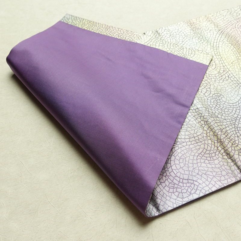 名古屋帯 六通柄 正絹 幾何学柄・抽象柄 名古屋仕立て なごや帯 比翼仕立て リサイクル帯 帯 箔 紫・藤色_画像10