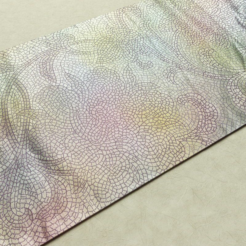 名古屋帯 六通柄 正絹 幾何学柄・抽象柄 名古屋仕立て なごや帯 比翼仕立て リサイクル帯 帯 箔 紫・藤色_画像11