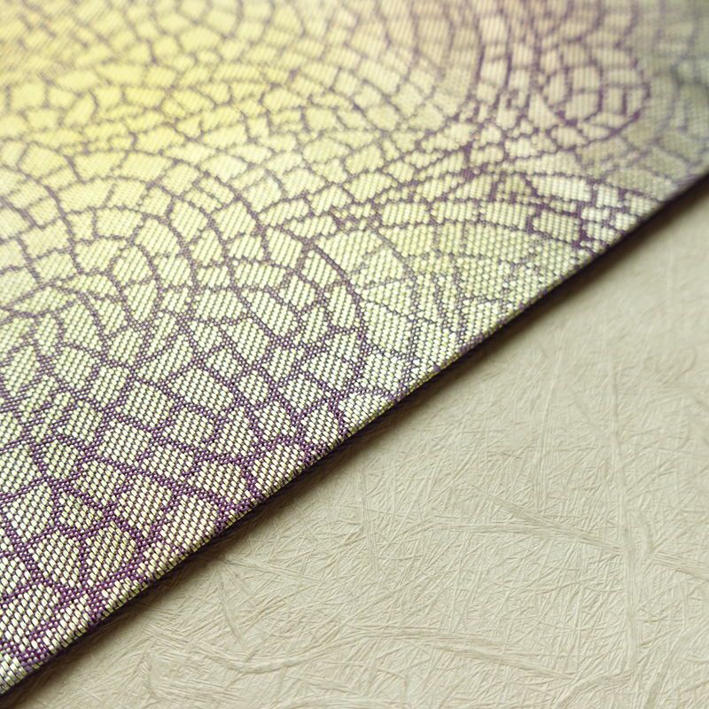名古屋帯 六通柄 正絹 幾何学柄・抽象柄 名古屋仕立て なごや帯 比翼仕立て リサイクル帯 帯 箔 紫・藤色_画像12