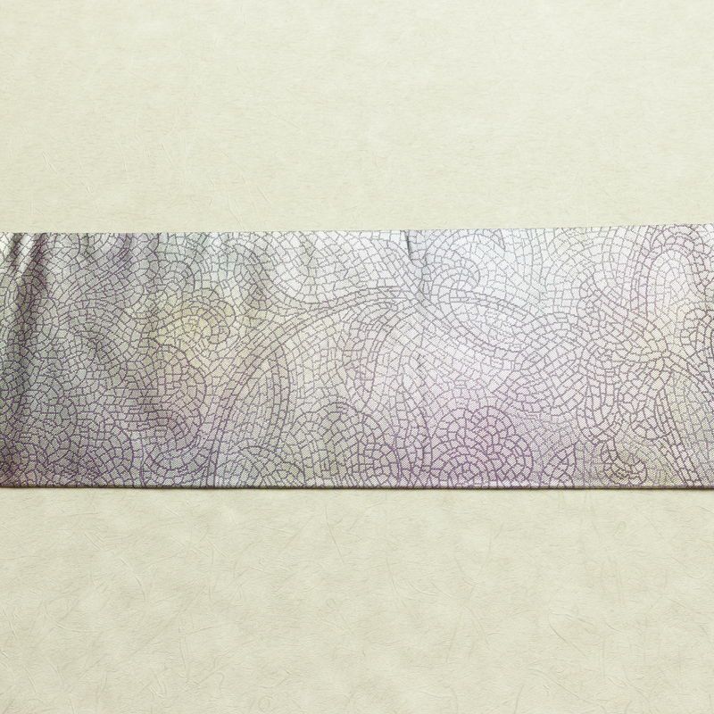 名古屋帯 六通柄 正絹 幾何学柄・抽象柄 名古屋仕立て なごや帯 比翼仕立て リサイクル帯 帯 箔 紫・藤色_画像13