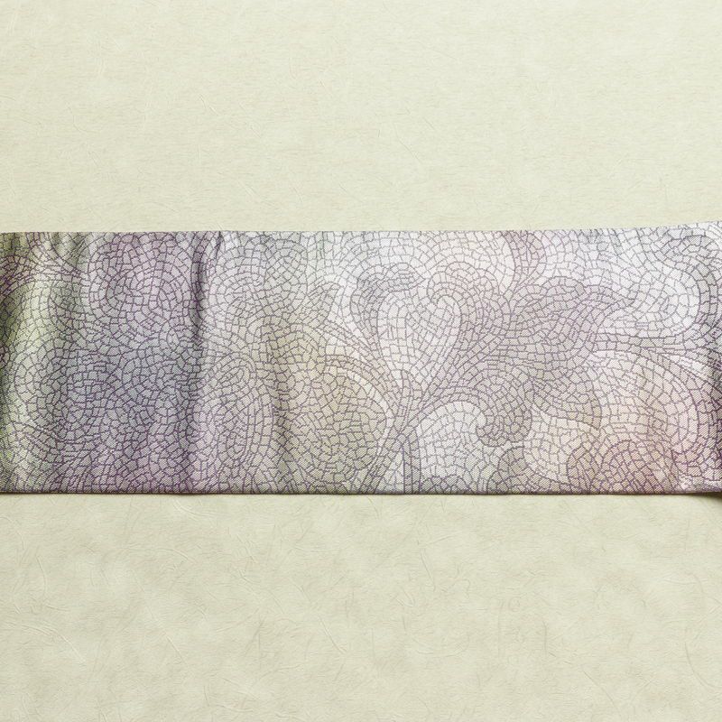 名古屋帯 六通柄 正絹 幾何学柄・抽象柄 名古屋仕立て なごや帯 比翼仕立て リサイクル帯 帯 箔 紫・藤色_画像14