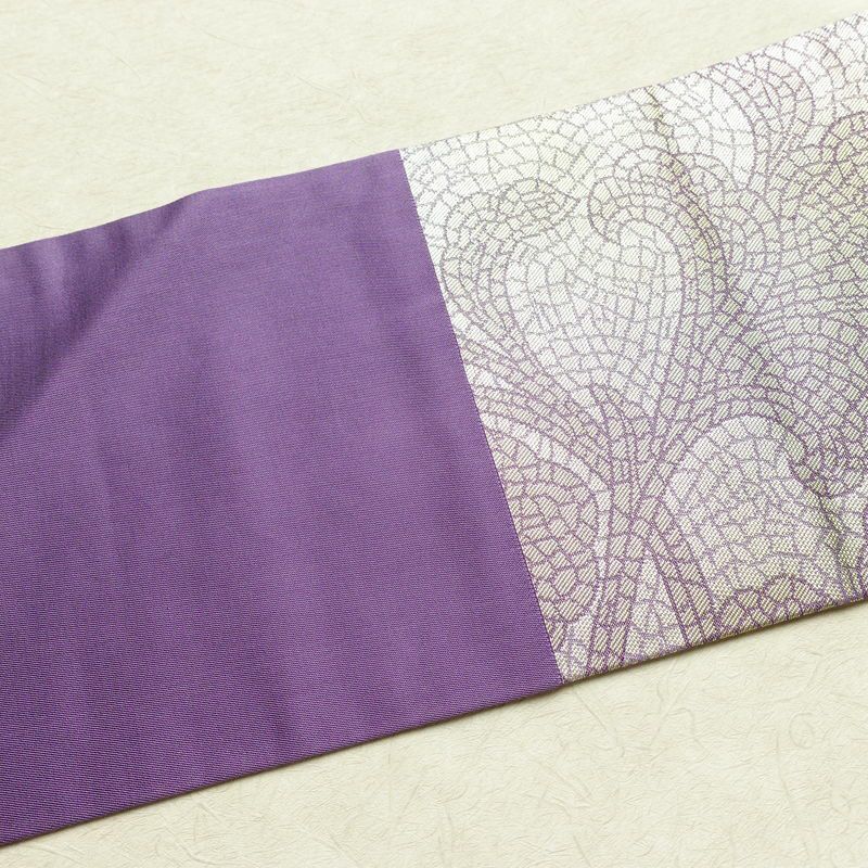 名古屋帯 六通柄 正絹 幾何学柄・抽象柄 名古屋仕立て なごや帯 比翼仕立て リサイクル帯 帯 箔 紫・藤色_画像15